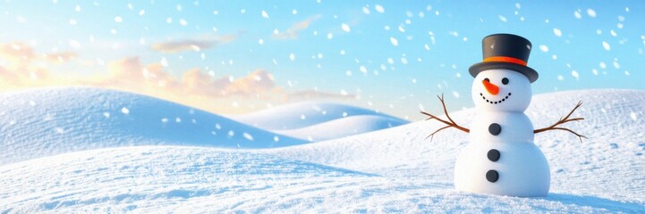 A cheerful snowman stands in a snowy landscape, adorned with a black hat and a bright carrot nose, symbolizing winter joy under a clear blue sky.