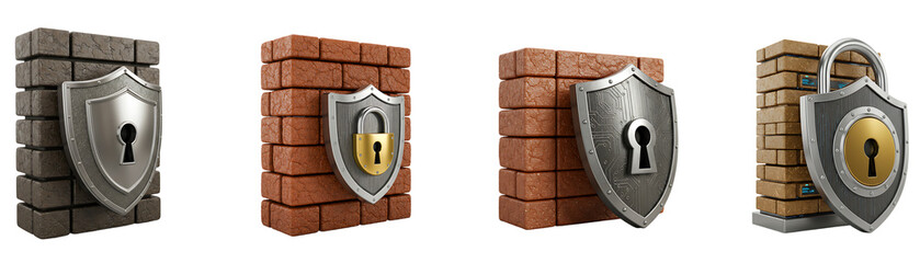 Cyber firewall defense wall with shield icon isolated on transparent background