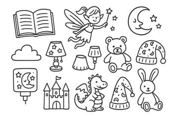 Bedtime Doodle Icons. Children’s bedtime book doodle set: hand drawn icons for fairy tales, nightlights, and stuffed animals,