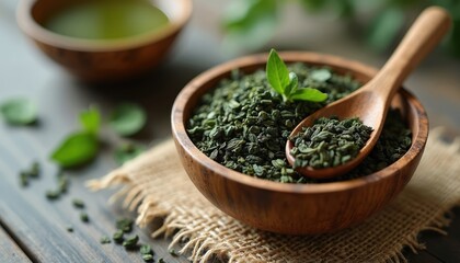 Green tea leaves in wooden bowl with spoon. Brewed tea in background. Natural dry leaves, healthy drink preparation. Organic herbal beverage ingredients. Close up shot with soft lighting.