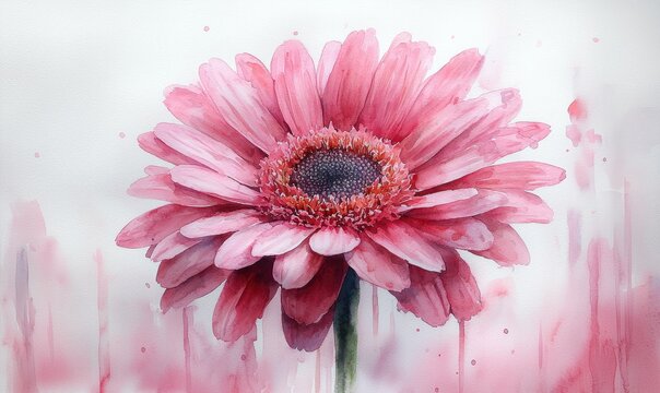 Watercolor illustration of a vibrant pink gerbera daisy