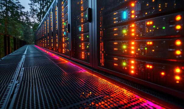 Rows of server racks lit with colorful lights, situated outdoors at dusk