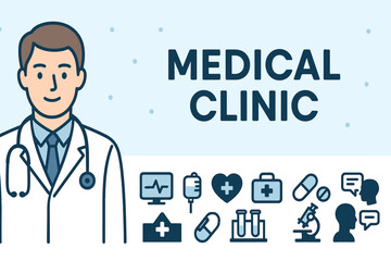 Medical Clinic Overview. Horizontal vector banner featuring doctor in lab coat and comprehensive medical clinic icon set for