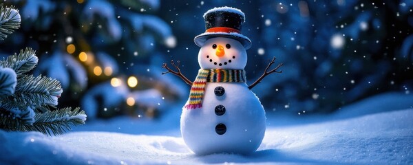 Charming snowman adorned with a top hat and scarf, surrounded by softly falling snow and winter scenery, evoking a magical holiday atmosphere.