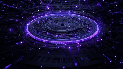 Futuristic digital abstract illustration featuring a circular pattern with glowing purple accents, surrounded by dynamic light particles, representing advanced technology and innovation concepts