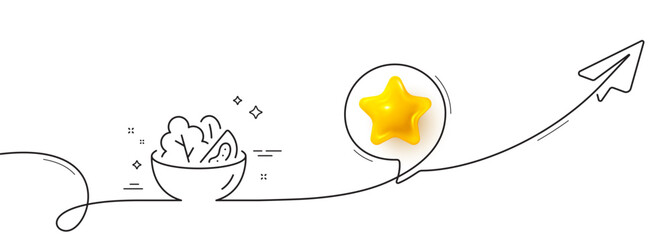 Salad line icon. Continuous line with share plane. Vegetable food sign. Healthy meal symbol. 3d star in speech bubble. Salad single line ribbon. Loop curve pattern. Vector