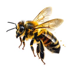 A detailed close-up portrays a honeybee in flight, showcasing its intricate features and vibrant colors against a pure white background.