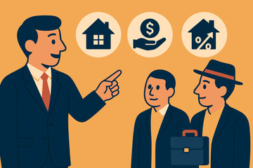 Real Estate Investment Guide. Stylized flat vector of advisor guiding real estate investor and property finance icon set for house