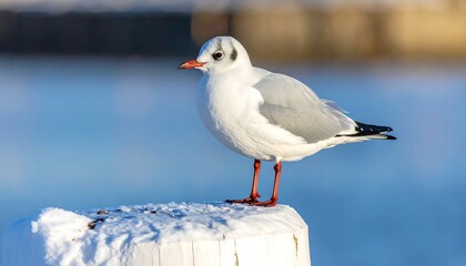 Fototapeta premium A single, beautiful seagull perches gracefully on a snowy, white post by a tranquil blue body of water.