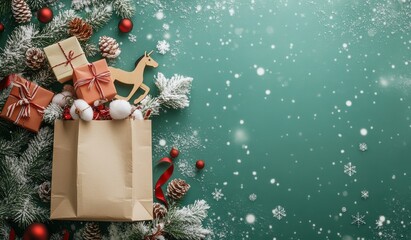 Festive Christmas scene with paper bag filled with holiday decorations, gifts, and ornaments on snowy green background