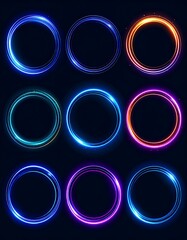 Nine glowing circular frames in vibrant neon colors against a dark background, perfect for graphic design.