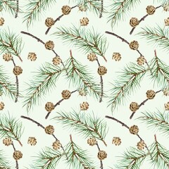 Christmas seamless pattern with green fir branches and dried twigs with pine cones. Hand drawn watercolor illustration. Rustic pastel New Year clip art for wrapping paper, textiles and wallpaper.