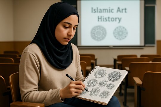 Engaged Student Exploring Islamic Art History and Design, Fostering Creativity and Learning - Ideal for Education, Cultural Heritage, and Academic Marketing Campaigns