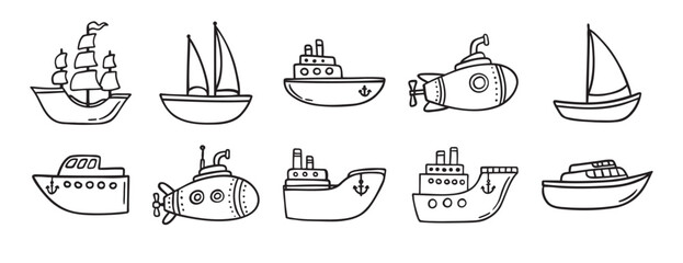 cute ship doodle hand drawn icon set. Outline drawing ships line clipart symbol collection © Yanka