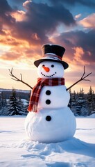 Cheerful snowman standing in a snowy landscape under a colorful sunset, wearing a black hat and a red scarf, surrounded by evergreen trees.