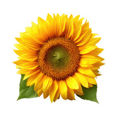 Fototapeta premium Close-up of a vibrant sunflower, centered on a black background. Bright yellow petals encircle a dark-green central disc. Two leaves flank the flower
