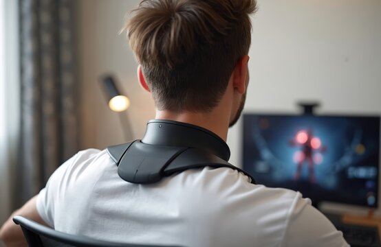 Man wears neck brace device in front of computer screen showing game. Person uses tech for comfort or health. Gamer looks at virtual world. Future wearable tech for neck support.