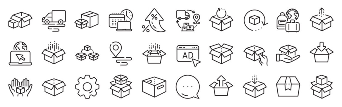 Box line icons. Settings gear, Message, Inflation icons. Package, delivery boxes, cargo box. Cargo distribution, export boxes, return parcel icons. Vector