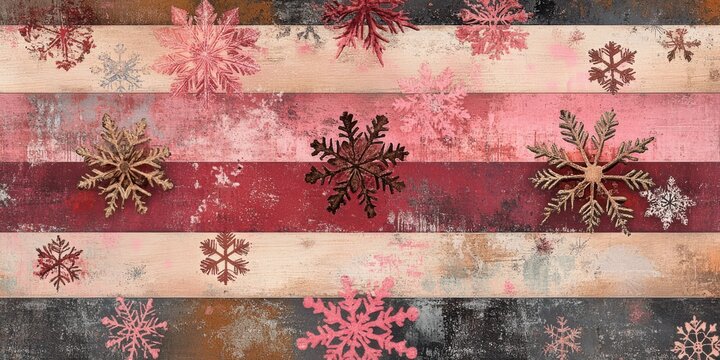 Rustic textured background featuring varied snowflakes in an array of warm colors on horizontal stripes