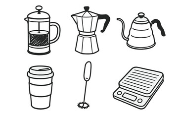 Coffee Accessories Doodles. Coffee accessories: hand drawn doodles of French press, moka pot, gooseneck kettle, reusable cup, milk