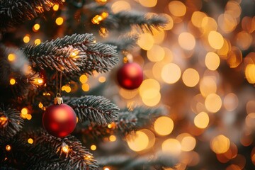 A beautifully decorated Christmas tree with sparkling lights and red ornaments for a festive holiday ambiance