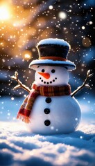 Charming snowman adorned with a top hat and scarf, set against a snowy backdrop, sparkling under falling snowflakes in a winter wonderland.