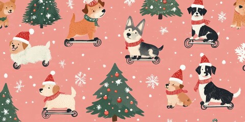 Fototapeta premium Whimsical Christmas pattern with festive dogs riding scooters on a pink background