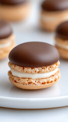 Fototapeta premium Delicious dessert featuring a chocolate-topped macaron sandwich. Creamy filling between two light cookies. Close-up on white plate.