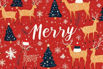Festive Christmas pattern with reindeer and snowflakes on a vibrant red background, featuring decorative Christmas trees and cheerful seasonal elements