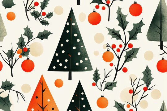 Retro Christmas pattern with geometric trees and ornaments featuring festive holly leaves and berries