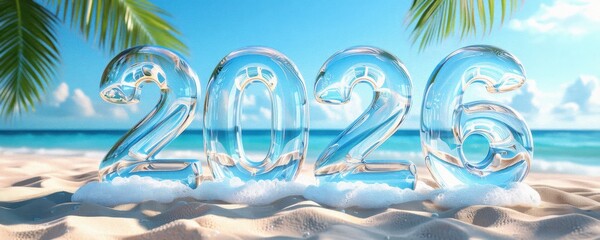 Vibrant beach scene featuring large, transparent numbers "2026" in the sand, surrounded by palm leaves and ocean waves, symbolizing a sunny new year celebration.