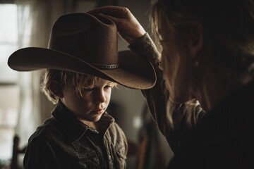 Boy wearing an oversized hat with help from a parent.
