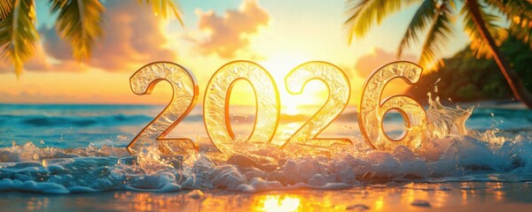A vibrant sunset beach scene with the year "2026" illuminated in the foreground, reflecting a peaceful tropical atmosphere for new beginnings.