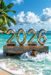 Shiny 2026 numbers on a beach, surrounded by turquoise water, palm trees, and a clear blue sky, symbolizing a tropical new year's celebration.