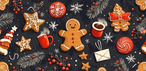 Seamless festive pattern featuring cute gingerbread cookies and warming drinks on a dark background, sprinkled with holiday decorations and seasonal motifs.