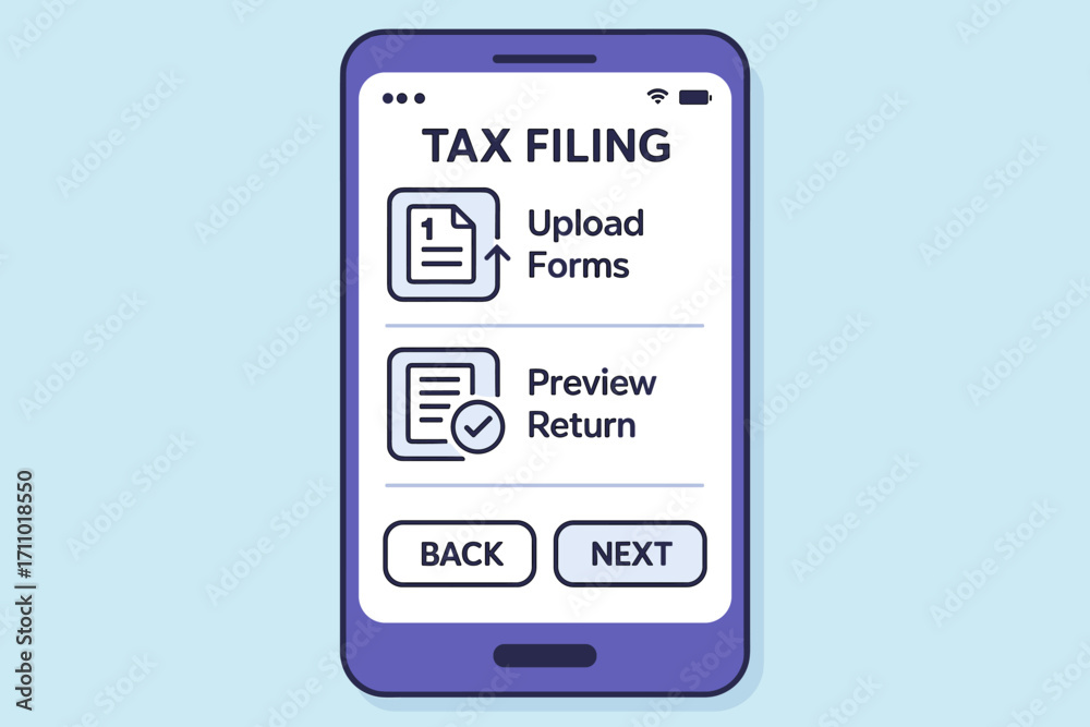 Wall mural mobile tax filing interface. vector illustration of mobile tax filing app interface showing steps fo