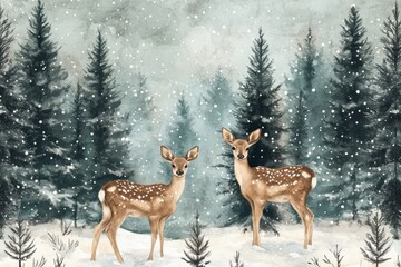 Charming watercolor pattern of deer in a serene snowy forest with pine trees and gentle snowfall