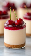 Cherry cheesecake desserts in jars. Small, creamy cheesecake treats with a graham cracker base and sweet cherries on top. Perfect single-serving sweets.