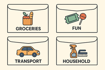 Cash Envelope System Layout. Vector layout of cash envelope system labeled for groceries, fun, transport, and household.