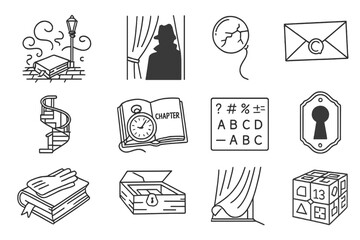 Mystery Novel Icons. Line style icons of mystery novels: foggy street with book, shadow figure behind curtain, cracked monocle,