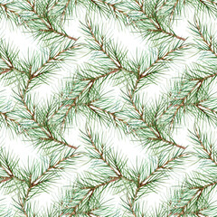 Christmas seamless pattern with green fir branches. Hand drawn watercolor illustration. Rustic pastel New Year clip art for wrapping paper, textiles and wallpaper.