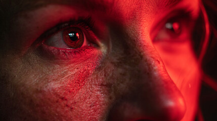 Naklejka premium Extreme close up of a person's face illuminated by red light with a dark background present