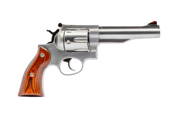 Steel Revolver Silver Handgun with Striped Wooden Handle on a transparent background