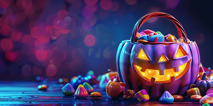 Spooky jack-o'-lantern bucket overflowing with colorful Halloween candy. - Powered by Adobe