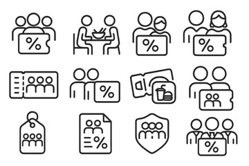 Group Coupon Icons. Line style icons of group coupons: three people and percent icon, shared meal deal, couple’s voucher, family