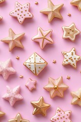 Obraz premium A collection of gold and white star-shaped decorations on a pink background, featuring sparkling stars