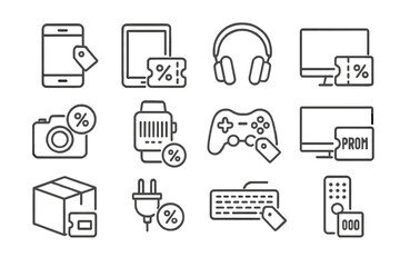 Electronics Coupon Icons. Line style icons of electronics coupons: mobile phone with tag, tablet and discount label, headphones