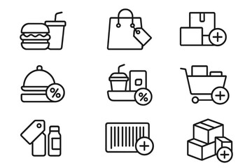 Combo Deal Line Icons. Line style icons of combo deals: burger and drink combo, shopping bag with “2-in-1” tag, bundled product