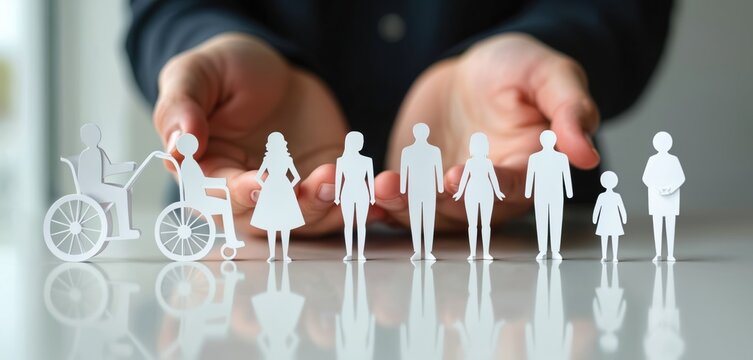 Hands protect paper people family group including disabled person in wheelchair. Concept for insurance, social security, support, diversity, inclusion, caregiving, and human rights.