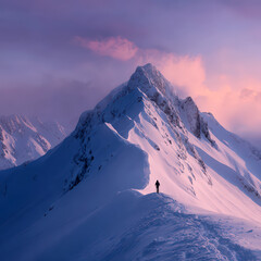 Sunset over snowy mountain ridge with lone hiker